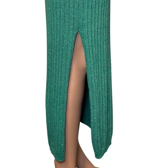 House of Harlow 1960 Ribbed Shimmer Green Maxi Open Back Bodycon Dress Sz Medium - Picture 3 of 10